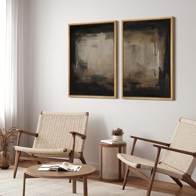 SIGNFORD Framed Canvas Print Wall Art Set Neutral Black and Brown Contemporary Minimalist Illustration Modern Art Decorative for Living Room, Bedroom, Office - 24"x36"x2 Natural