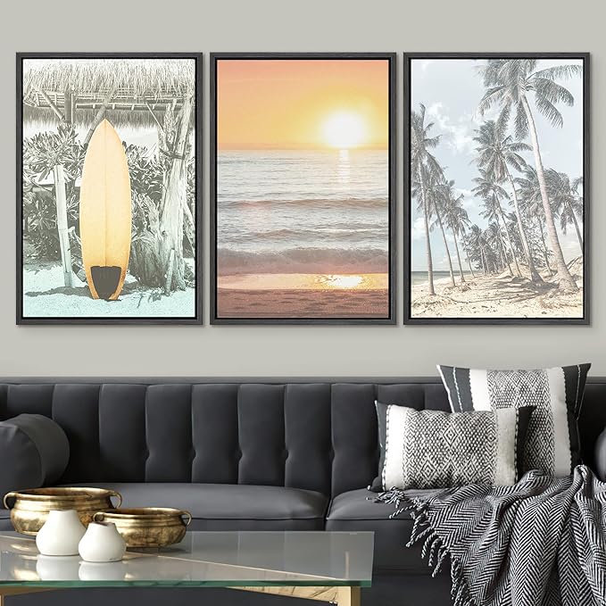 SIGNWIN Framed Canvas Print Wall Art Set Retro Sunset Hawaiian Surfboard Palm Trees Nature Wilderness Photography Modern Art Landscape Relax/Calm for Living Room, Bedroom, Office - 16"x24"x3 Black