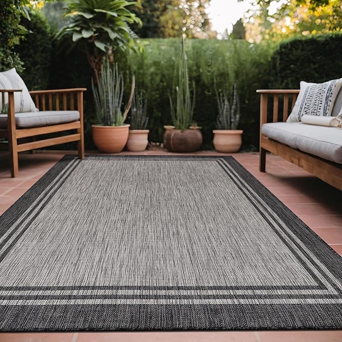 Bordered Outdoor Rug 9x12 Washable Outside Carpet for Indoor Patio Porch Waterproof Easy Cleaning Non Shedding Area Rugs Dark Gray 9 x 12