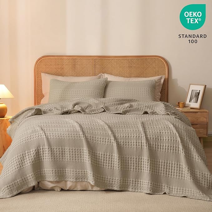 PHF 100% Cotton Waffle Weave Blanket Queen Size, Soft Lightweight Breathable Cozy Summer Blankets for Bed, Luxury Aesthetic Woven Bedding for Home Decor, 90"x90", Simply Taupe