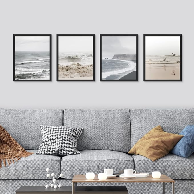 SIGNWIN Framed White Minimal Ocean Beach Seashore Coastals Wall Art, Set of 4 Landscape Colorful Wall Decor Prints, Nature Wilderness Wall Décor for Living Room, Bedroom - 12"x16" Black