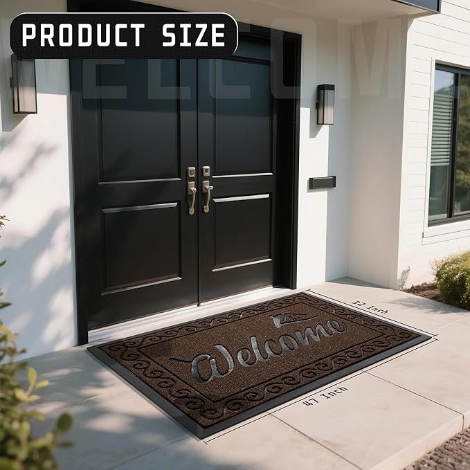 Yimobra Welcome Mat Outdoor Indoor, Waterproof Heavy Duty Front Door Mat Outside Entrance, Extra Sturdy Non-Slip Doormat, Low Profile, Dirt Trapping, 47x32 Inches, Coffee