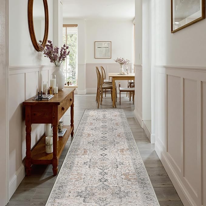 GENIMO 3x12 Runner Rugs for Hallway, Machine Washable Non Slip Vintage Rugs, Low Pile Soft Chenille Print Rug for enrtyway, Corridor, Home Office,Light Taupe Brown