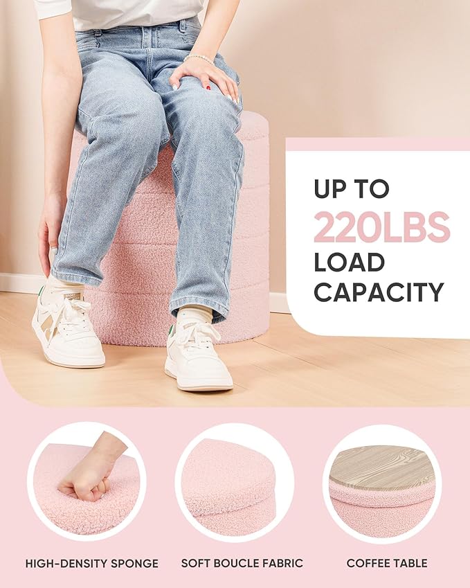 B FSOBEIIALEO Ottoman with Stroage, Round Sherpa Storage Ottoman Stool, Boucle Foot Rest 16.9"x16.9"x17.7"（Pink