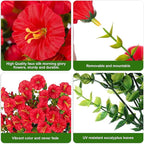 Artificial Faux Hanging Flowers Plants for Outdoor Decor,2 PCS Fake Silk Morning Glory with Eucalyptus Greenery UV Resistant Realistic Vines for Wall Home Porch Patio Balcony Yard Indoor Decor, Red