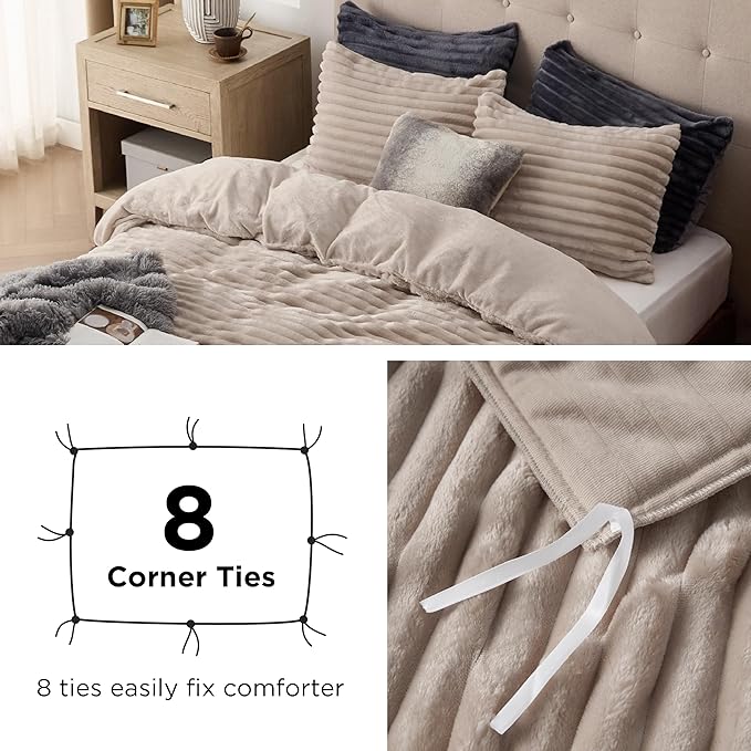 Bedsure Fluffy Duvet Cover Set - Ultra Soft Plush Shaggy Comforter Cover Queen Size, Warm Flannel Fleece Bed Sets for Winter, 3 Pieces (Striped Pattern, Khaki)
