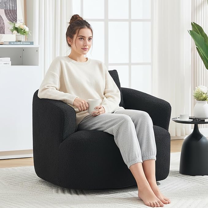 Swivel Accent Chair,360° Rotating Barrel Chair,Teddy Fleece High-Resilience Sponge Single Sofa, Easy Assembly for Living Room, Bedroom, Apartment Black
