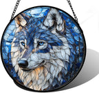 Stained Glass Window Hanging - Funny Wolf Suncatcher Ready to Hang Window Doors Home Decoration and Christmas, Mother's Day Birthday Gifts for Women, Men, and Mom 9.8x9.8 in