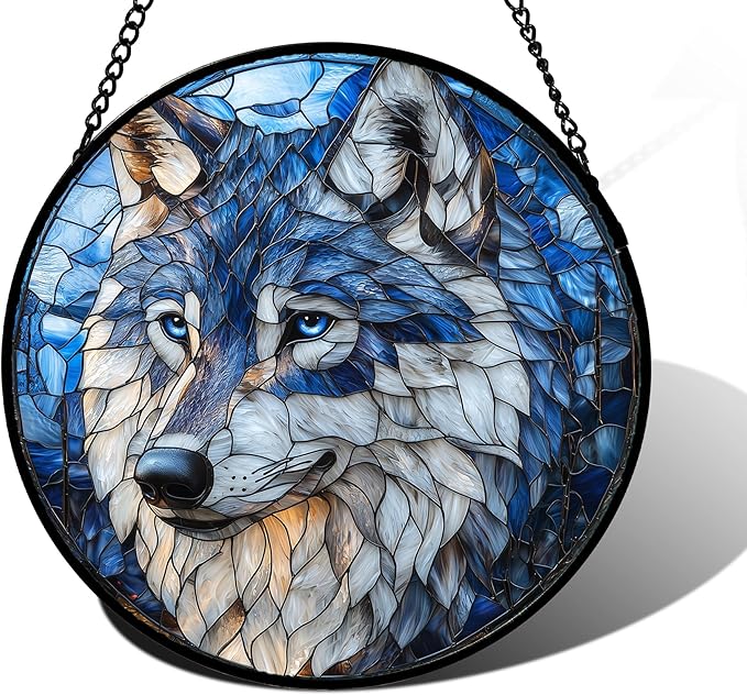 Stained Glass Window Hanging - Funny Wolf Suncatcher Ready to Hang Window Doors Home Decoration and Christmas, Mother's Day Birthday Gifts for Women, Men, and Mom 9.8x9.8 in