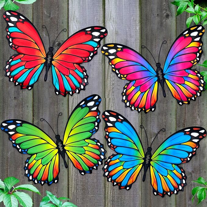 Oraytteo Metal Butterfly Wall Decor, 4pcs Butterflies Wall Art Hanging Sculptures for Outdoor Indoor Fence Patio Yard Tree Garden Home Decorations, Housewarming Gift for Mom Friends