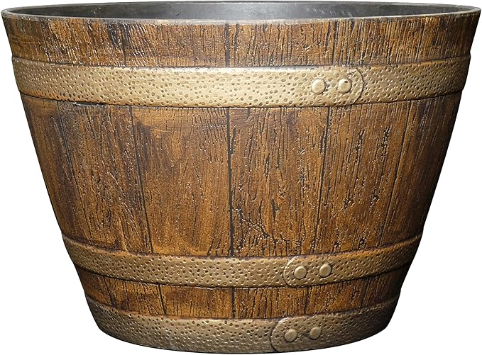Classic Home & Garden Whiskey Barrel Planters - Wooden Finish Flower Planter Pot - Decorative Garden Pots - Indoor & Outdoor Resin Planters - Weather-Resistant Planting Pots (15” Oak Brown, Pack Of 1)
