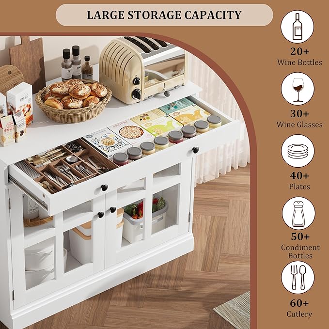 GarveeHome 35.4 in Sideboard Buffet Cabinets with Glass Door, Buffet Cabinet with Storage, White Sideboard Cabinet with Drawer, Modern Buffets & Sideboards for Dining Room, Kitchen