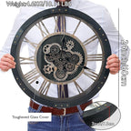 DORBOKER 24" Large Wall Clock with Moving Gears,Oversize Vintage Industrial Rustic Farmhouse Clocks for Living Room Decor Office Home,Solid Wood HD Tempered Glass Cover,Vintage Black