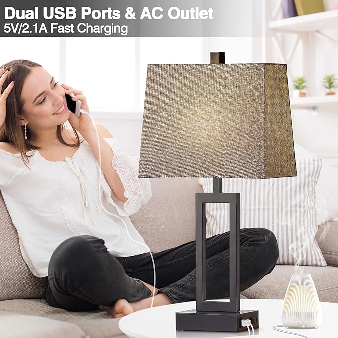 Touch Control Table Lamps Set of 2, Modern Bedside Lamps with USB A+C Ports & AC Outlet, 3 Way Dimmable Contemporary Nightstand Lamps for Bedroom Living Room Gray(LED Bulb Included)