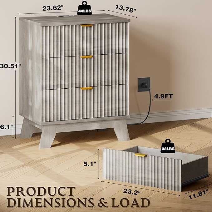 30.5" Nightstand with Charging Station, 3-Drawer Fluted Bedroom Chest, Wood Bedside Dresser with Power Outlets and USB Ports, Metal Slides, Stable Base, Modern Storage Cabinet for Small Spaces