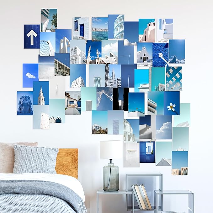 Y2K BOO Elegant Blue and White Wall Collage Kit - 50 Aesthetic Posters for Room Decor, Perfect Dorm and Bedroom Wall Art, Tranquil Blue and White Collage Kit for Teen Girls and Serene Spaces