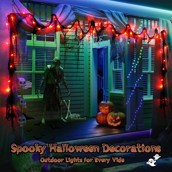 Halloween Horror Atmosphere Lights, Orange&Purple LED String Lights with 9.9FT Creepy Black Gauze, Battery Powered with Timer & 8 Flashing Modes (Red)