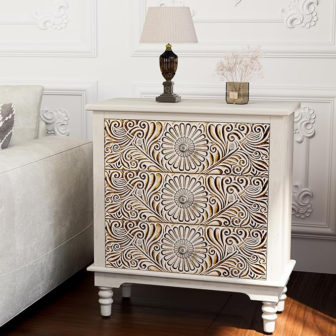 HOMPUS Farmhouse 3-Drawer Dresser with Flower Pattern, Night Stand with 3 Storage Drawers, Fully Assembled Nightstand for Boho, Accent End Table, Chest of Drawers for Entryway, Bedroom, Distress White