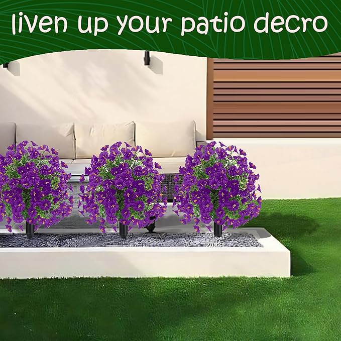 22.8" Set of 2 Fall artificial Boxwood topiary Ball tree for outdoors with Spike,UV Resistant Faux Shrubs Outdoor with morning glory flowers,Faux Plants Bushes for Garden Porch Yard Patio Decor Purple