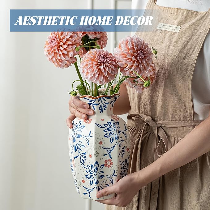 9.5 Inch Vintage Ceramic Vase, Chinoiserie Flower Vases Decorative Antique Vases for Home Decor, Rustic Blue and Pink Porcelain Vase Farmhouse Shelf Table Centerpieces Decor
