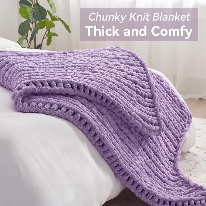 Chunky Knit Throw Blanket, 30''*40'' Knitted Throw Chenille Yarn for Bed Couch, Handmade Light Purple Crochet Big Thick Blanket, Machine Washable Cute Comfy Blanket for Home Decor