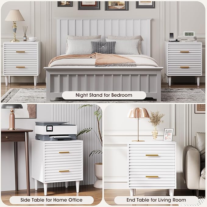 Alohappy Mid Century Modern Nightstand, Fluted Bedside Table with Storage Drawers, End Table for Bedroom, Living Room, White 1pc