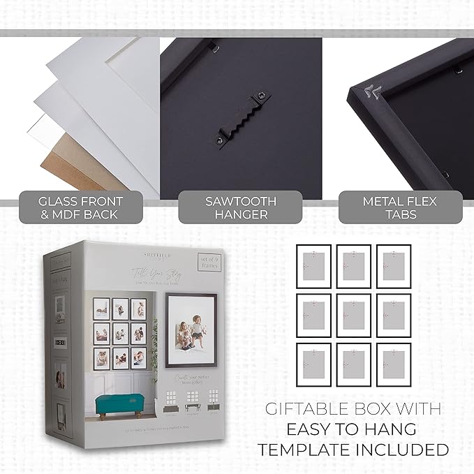 Sheffield Home 9 Piece Gallery Wall Frame Set, 11x14 in. matted to 8x10 in. (Matte Black)