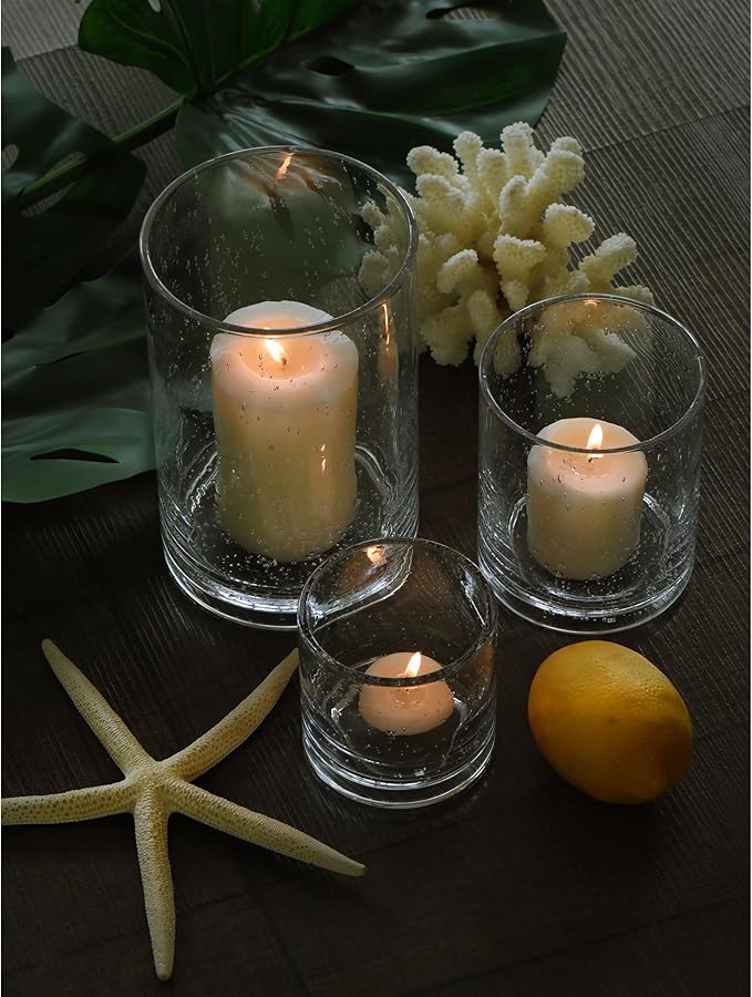 ARIAMOTION Hurricane Glass Candle Holders Set, Pillar Votive,Clear Seeded Bubbles Cylinder Vase,Modern Rustic Table Centerpieces Bulk, 3 Sizes 8 Inch 5 Inch 3.5 Inch Height