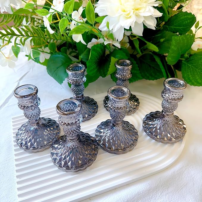 Glass Candlestick Holder,Striped Taper Candle Holders,Set of 6 Candle Stand for Table Centerpieces, Home Decor,Weddings,Festival and Parties (Grey Dimond Pattern)