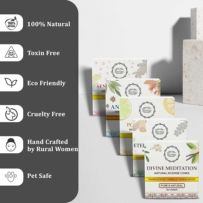 Raajsee Natural Incense Cones,6 Pack Mixed Scents Gift Pack 15 pc Each (90 Total), Insense Cones Variety Pack, 100% Organic Non Toxic Natural - Hand Rolled Free from Chemicals (Pack 3)