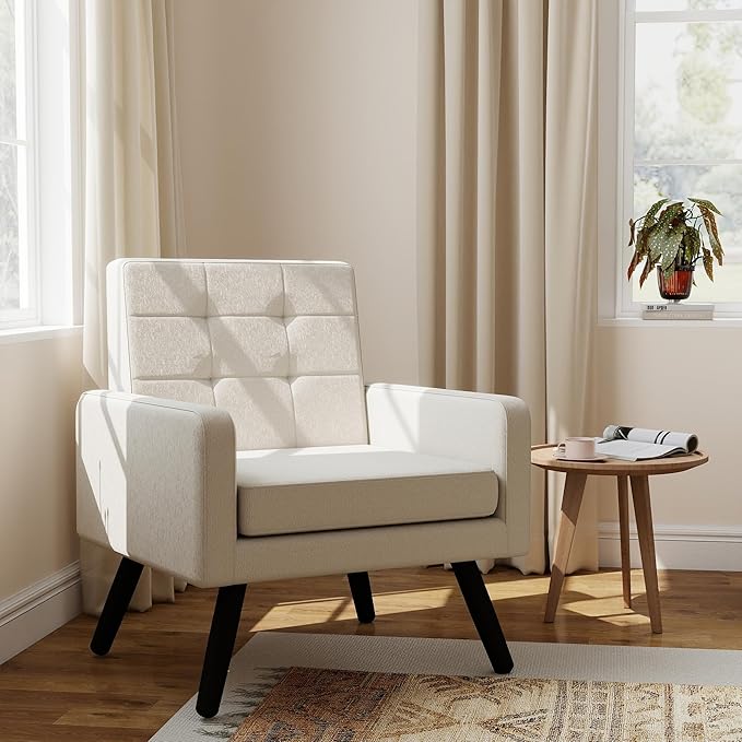 Kromax Mid-Century Modern Accent Chair for Living Room, 496 Lb. Weight Capacity, Dual Armrests, Comfy Extra Large Seat, Timeless Style Perfect for Reading & Relaxing, Cream