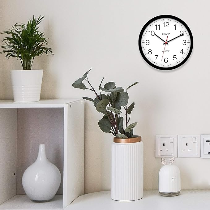 Sharp Wall Clock – Black, Silent Non Ticking 12 Inch Quality Quartz Battery Operated Round Easy to Read Home/Kitchen/Office/Classroom/School Clocks, Sweep Movement