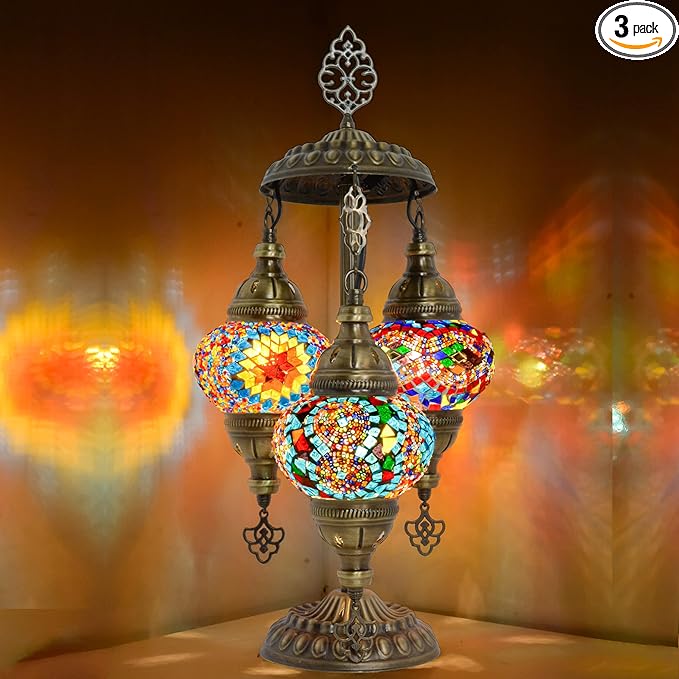Mozaist Turkish Mosaic Lamp with Bulb – 3 Globe Tiffany-Style Table Light (Cappadocia Balloon)