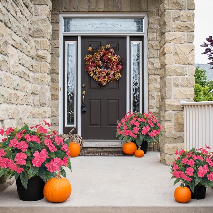 Artificial Impatiens Bouquet Flowers for Outdoors Silk Faux Flowers for Outdoor Impatiens Plants Decor Indoor Planters Kitchen Planters and Balcony Decorations 2PCS（Rose Red）