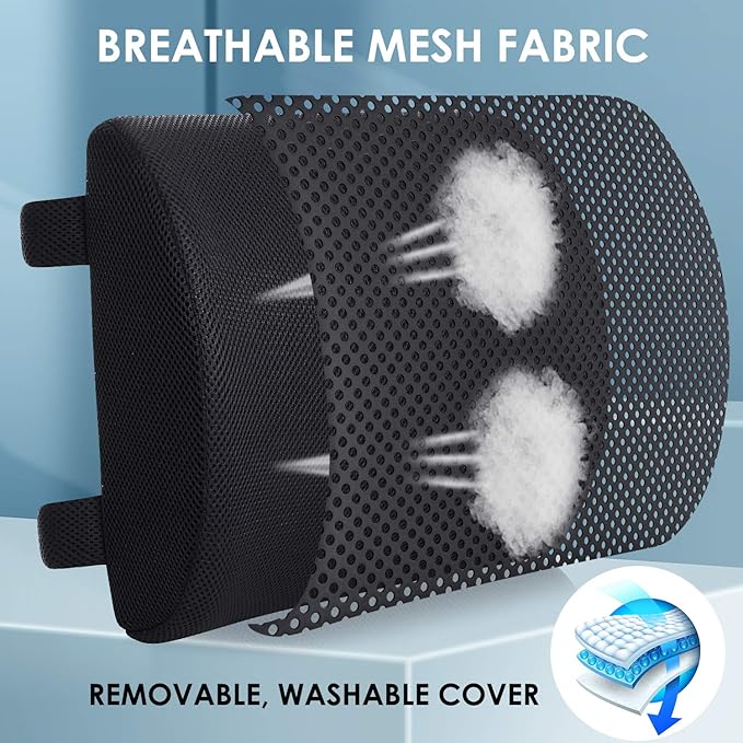 CompuClever Lumbar Support Pillow for Office Chair/Car, Memory Foam Back Cushion Pain Relief and Improve Posture, Lower Back Pillow for Gaming and Desk Chair, Couch, Adjustable Straps