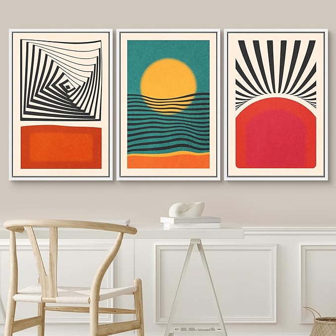 SIGNWIN Framed Canvas Print Wall Art Set Mid-Century Rising Sun & Color Blocks Abstract Geometric Illustrations Graffiti & Street Art Modern Art for Living Room, Bedroom, Office - 24"x36"x3 White