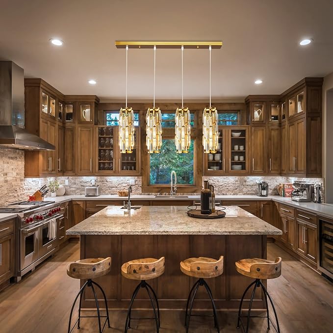 LMQNINE 4 Light Gold Pendant Lighting Modern Pendant Light, Mini Crystal Chandeliers,Adjustable Pendant Light Fixture for Kitchen Island Dinning Room Bedroom(Gold 4-Light)