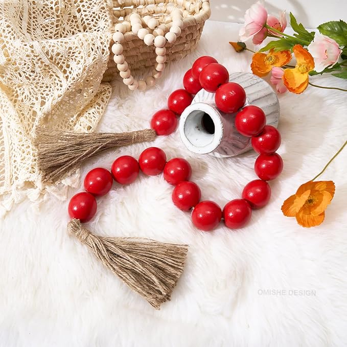 OMISHE Extra Large Wood Bead Garland Red with 1.6" Diameter Wooden Beads and Tassels, 41" Long Rustic Farmhouse Country Decorative Beads for Home Tiered Tray Decor, Red