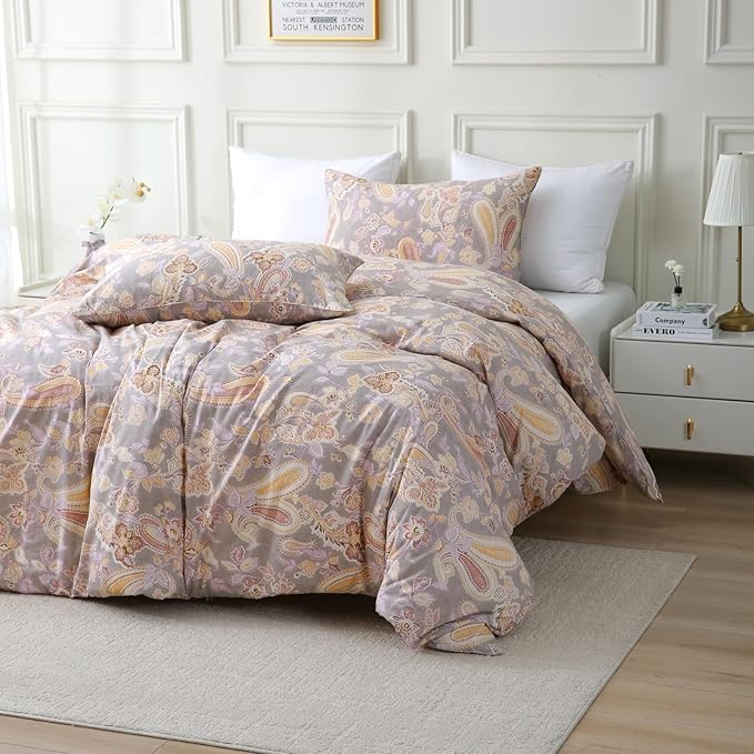 ABREEZE Paisley Bedding Sets 3Pcs Brushed Cotton Duvet Cover Set King Size Rustic Damask Gold Floral Comforter Cover with Zipper Closure Boho Bedding Collections