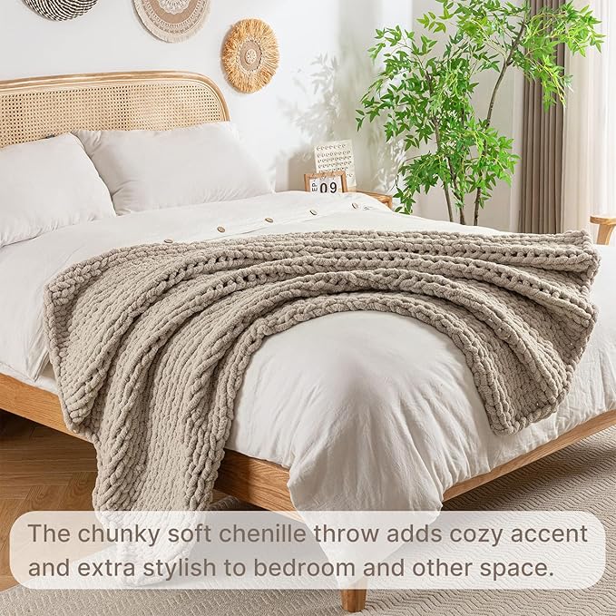 Chunky Knit Blanket Throw, 100% Hand Knit Throw Blanket Handmade Chenille Cable Knit Throw for Couch, Stylish Cozy Soft Rope Knot Crochet Blanket for Home Decor, Beige Linen, 50x60 Inches