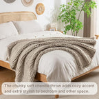 Chunky Knit Blanket Throw, 100% Hand Knit Throw Blanket Handmade Chenille Cable Knit Throw for Couch, Stylish Cozy Soft Rope Knot Crochet Blanket for Home Decor, Beige Linen, 60x80 Inches