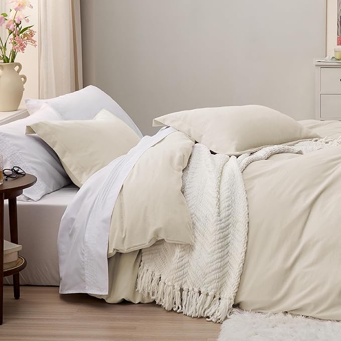 Bedsure Oat Milk Oversized King Duvet Cover - 3 Pieces Prewashed Cotton-Like Extra Soft Bedding Set, Includes 1 Duvet Cover 120x98 Inches with Zipper Closure & 2 Pillow Shams, Comforter Not Included
