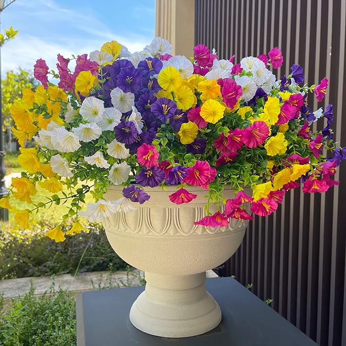 16 Bundles Artificial Flowers for Outdoor Spring Summer Decoration,Realistic Fake Silk Flowers Colorful Morning Glory UV Resistant Faux Plants for Front Door Porch Patio Planter Yard (Multi-Color)