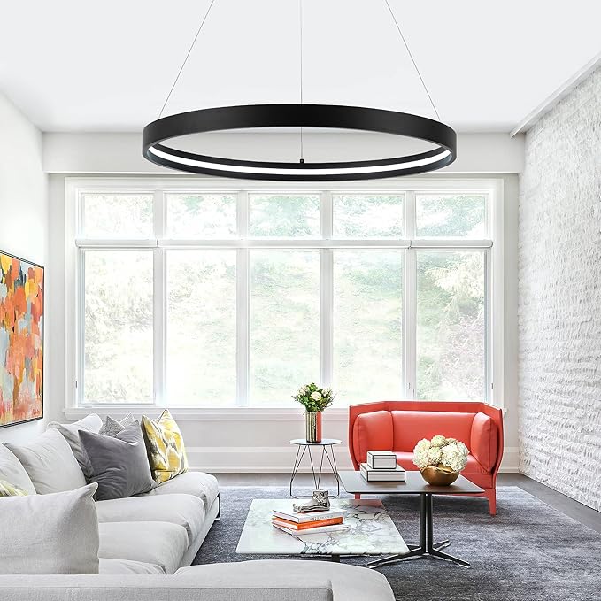 Modern Led Chandeliers Black, Dimmable Contemporary LED Chandeliers 1 Ring, Hanging Led Modern Pendant Light Fixture for Living Room Kitchen lsland Dining Room Foyer Office Entryway 6000k