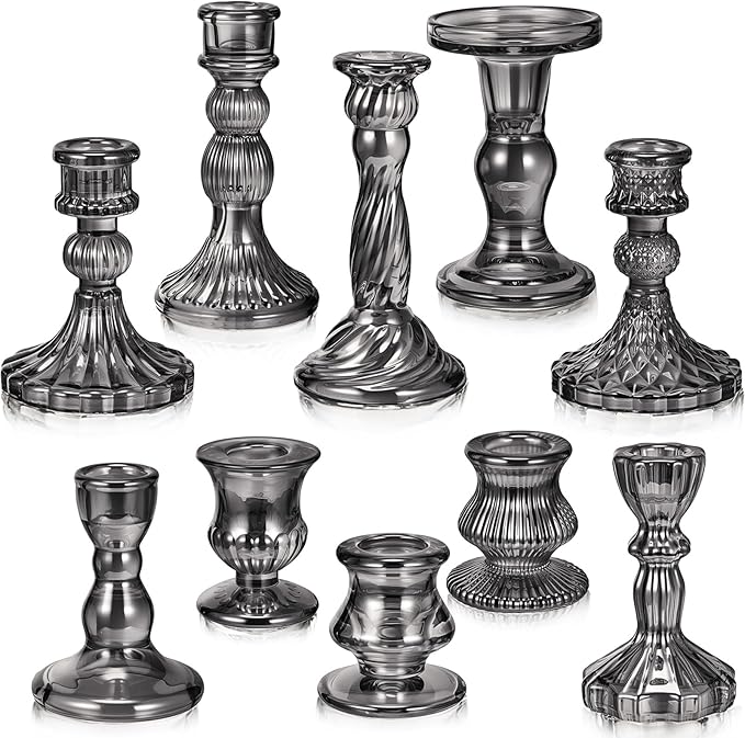 Mumufy 10 Pcs Glass Crystal Taper Candle Holders Clear Glass Candlestick Holder Fit 0.8 Inch Candles Crystal Decorative Candle Stand Centerpiece Table Wedding Dining Party (Classic,Black)