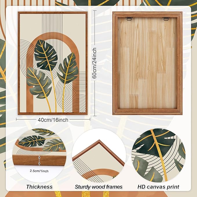 KAIRNE Boho Canvas Wall Art,Tropical Palm Leaf Wall Decor,Mid-Century Geometric Illustrations Set of 3(16”X24”),Abstract Line Pictures,Modern Botanical Prints for Living Room Bedroom Dining Room Decor