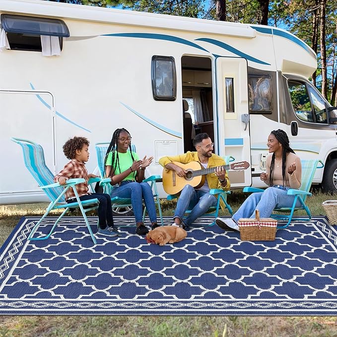 GAOMON Outdoor Rugs Patio Camping Waterproof Rug 6'x9' Plastic Straw Patio Rug Portable for Campers, Outside RVs Mat for Patios Clearance, Backyard Porch, Balcony, Navy/White(Geometric)