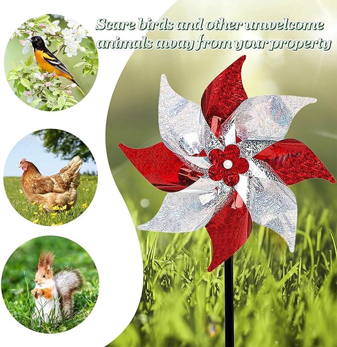 Hausse 10 Pack Reflective Pinwheels, Extra Sparkly Wind Sculptures for Garden Christmas Holiday Winter Decor, Bird Devices Deterrent to Scare Birds Away from Yard Patio Farm, Red & Silver