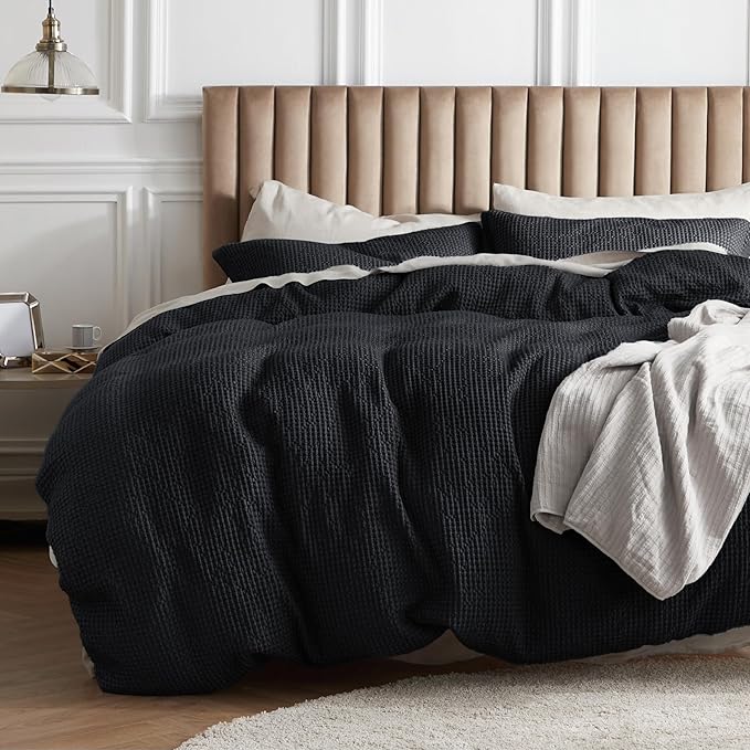 Bedsure Cotton Duvet Cover Set - 100% Cotton Waffle Weave Black Duvet Cover Oversized King Size, GentleSoft™ and Breathable Bedding Set for All Season, 3 Pieces, 120"x98"