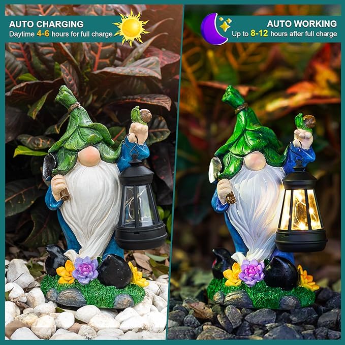 Solar Gnome Garden Figurine Yard Lights with Solar Lights Lantern & Shovel - Outdoor Yard Art Lawn Ornaments for Porch Patio Balcony - Gnome Gifts for Women Mom